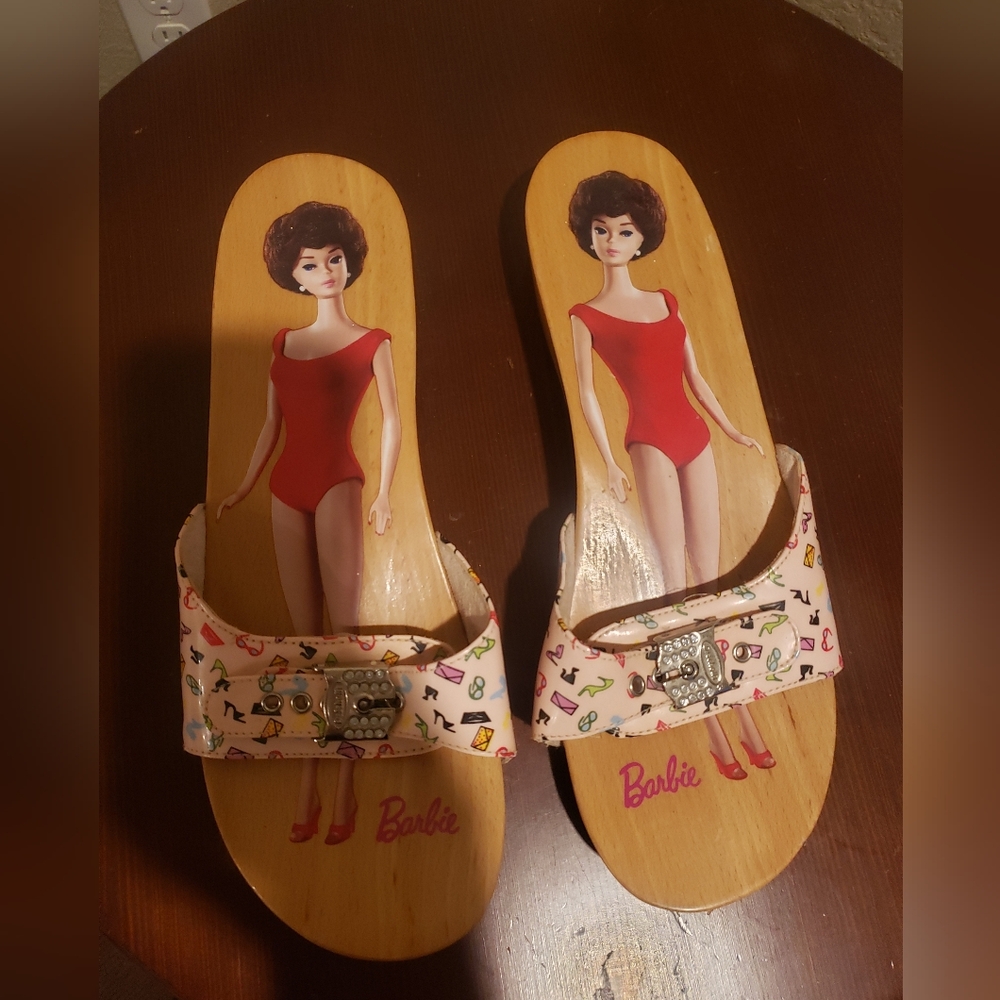 Barbie Pink Printed Wooden Slip-On Mules with Doll Graphic